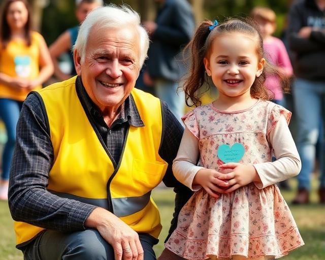 Voluntário idoso com criança em evento beneficente