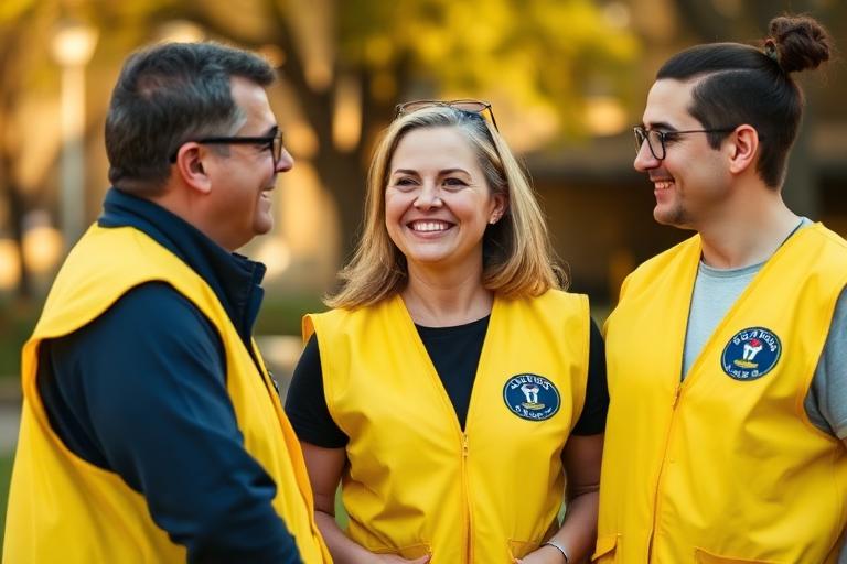 Voluntários do Lions Clube conversando em evento comunitário